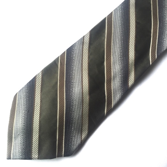 PRONTO UOMO Silk Tie Olive Gray and White Striped - Picture 1 of 8
